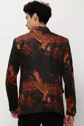 Men's Mandarin Collar Printed Black Bandhgala Blazer