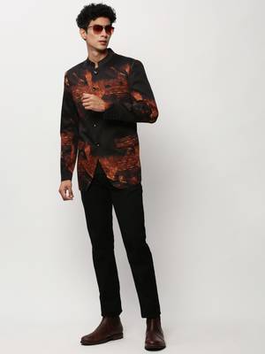 Men's Mandarin Collar Printed Black Bandhgala Blazer 5