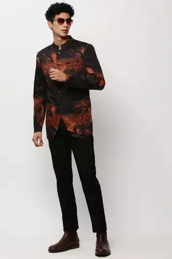 Men's Mandarin Collar Printed Black Bandhgala Blazer