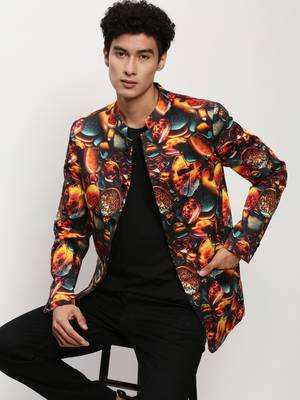 Men's Mandarin Collar Printed Orange Bandhgala Blazer 1