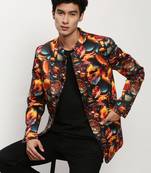 Men's Mandarin Collar Printed Orange Bandhgala Blazer