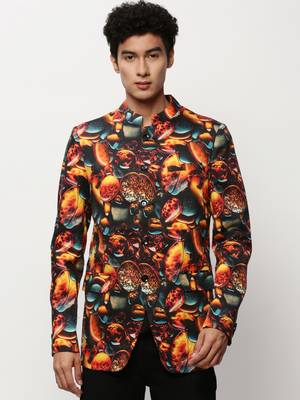 Men's Mandarin Collar Printed Orange Bandhgala Blazer 2