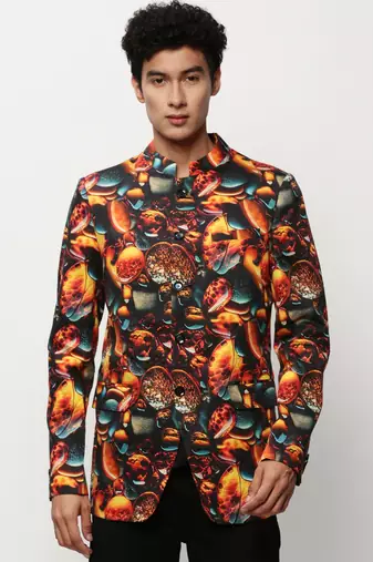 Men's Mandarin Collar Printed Orange Bandhgala Blazer