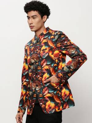 Men's Mandarin Collar Printed Orange Bandhgala Blazer 3