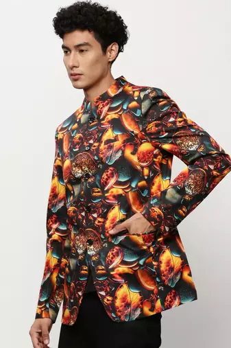 Men's Mandarin Collar Printed Orange Bandhgala Blazer
