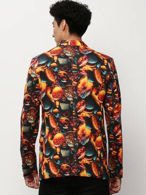 Men's Mandarin Collar Printed Orange Bandhgala Blazer 4