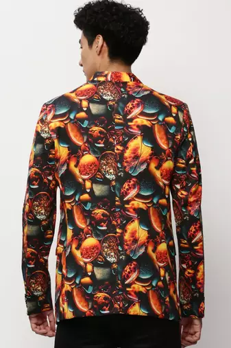 Men's Mandarin Collar Printed Orange Bandhgala Blazer