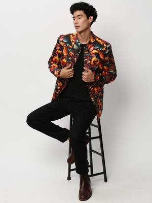 Men's Mandarin Collar Printed Orange Bandhgala Blazer 5