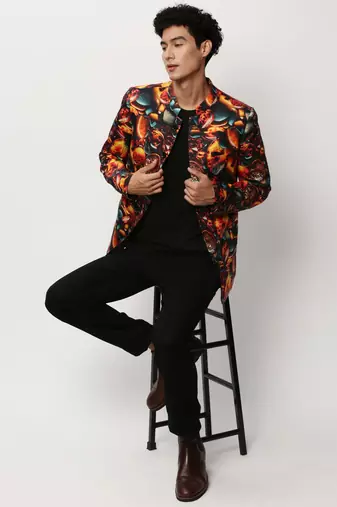 Men's Mandarin Collar Printed Orange Bandhgala Blazer