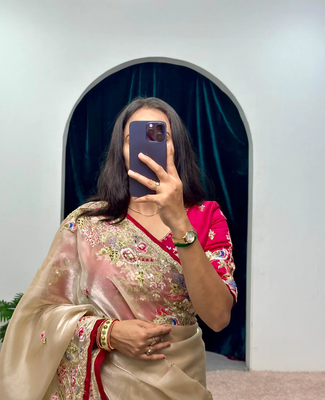 Cream Jimmy Choo Silk Multicolor Sequins Embroidered Saree with Unstitched Blouse 5