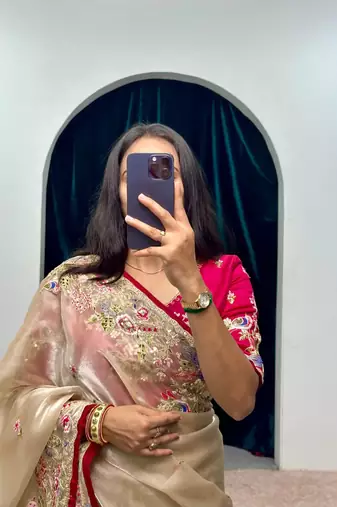 Cream Jimmy Choo Silk Multicolor Sequins Embroidered Saree with Unstitched Blouse