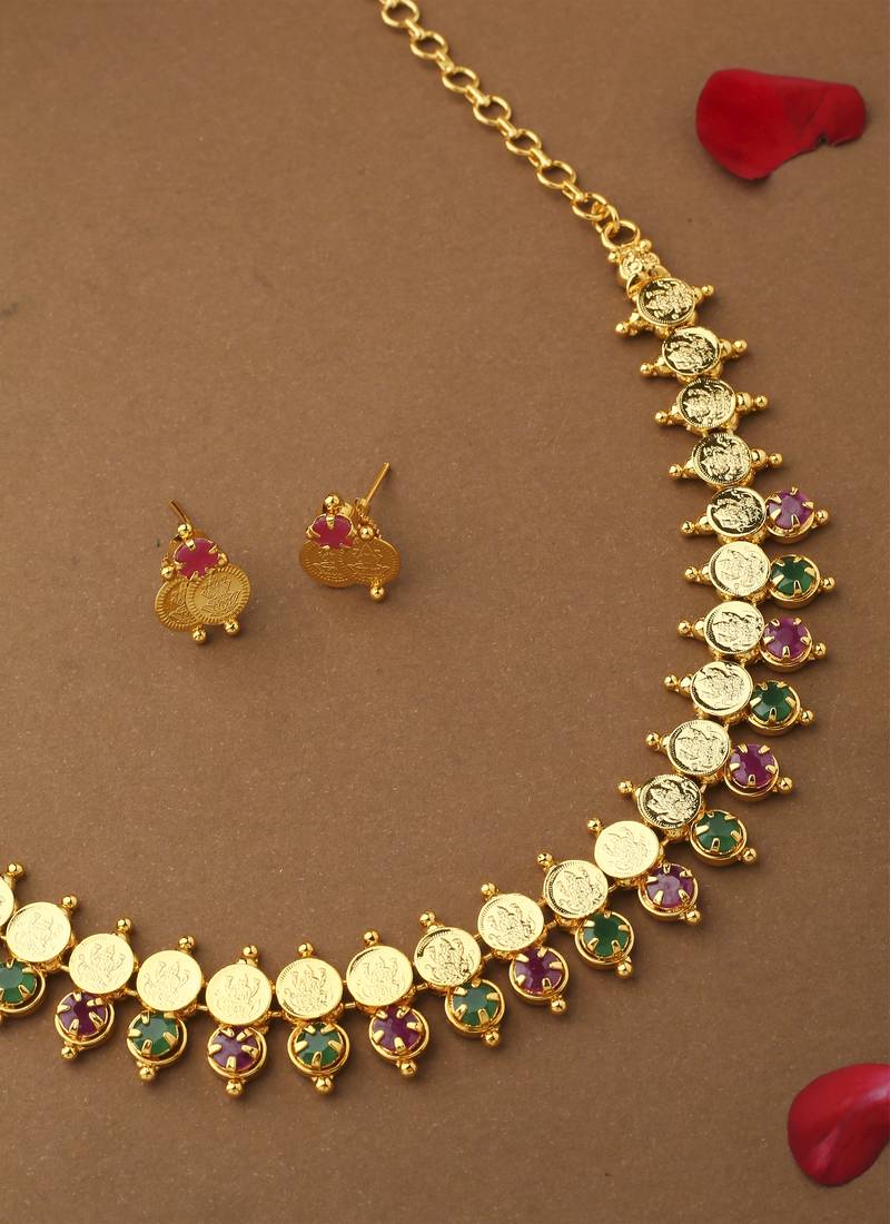 Multicolour Gold Plated Laxmi Motif Necklace Set