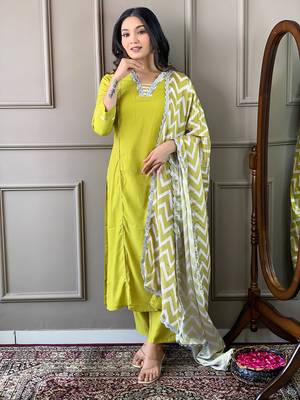 Lemon Women Embroidered Viscose Straight Kurta Pant Dupatta Set 1