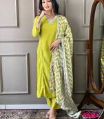 Lemon Women Embroidered Viscose Straight Kurta Pant Dupatta Set