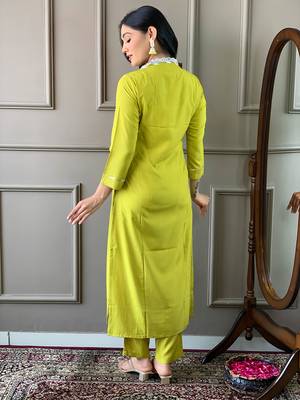 Lemon Women Embroidered Viscose Straight Kurta Pant Dupatta Set 2