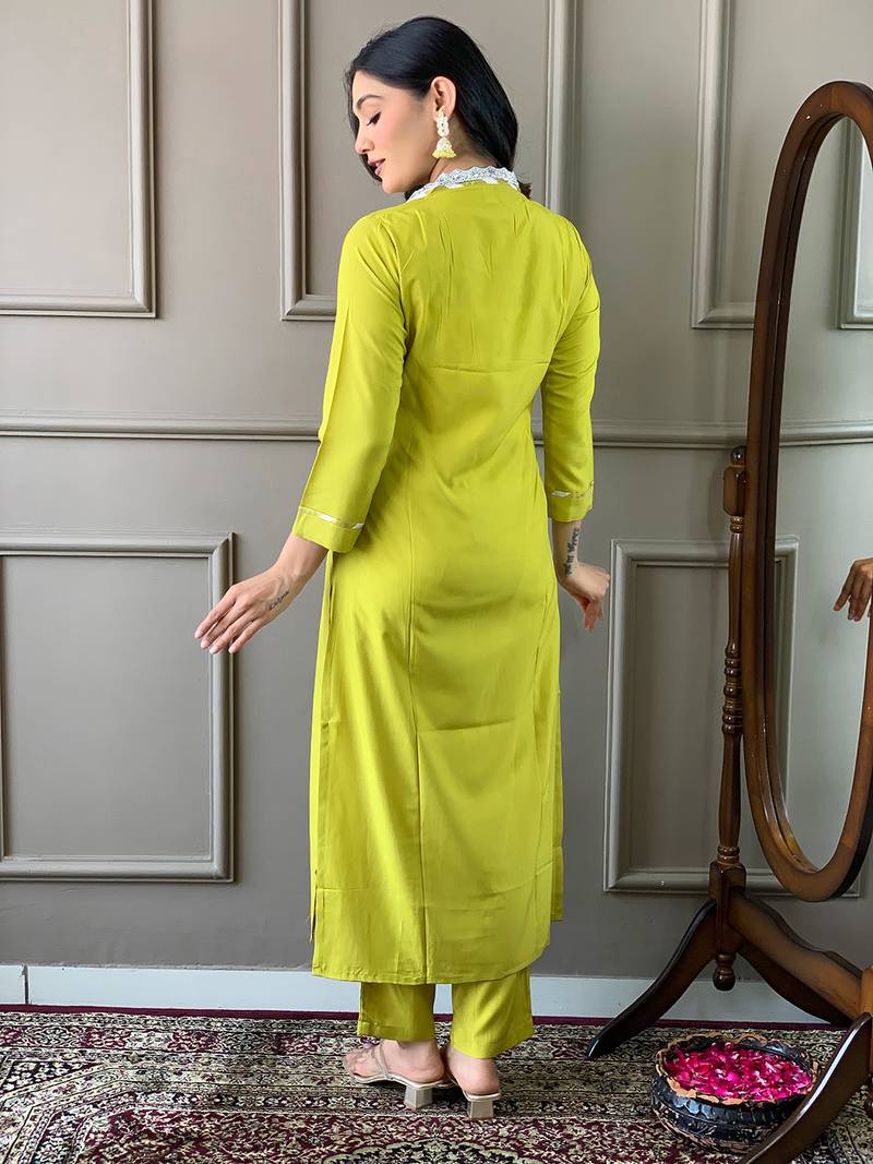 Lemon Women Embroidered Viscose Straight Kurta Pant Dupatta Set