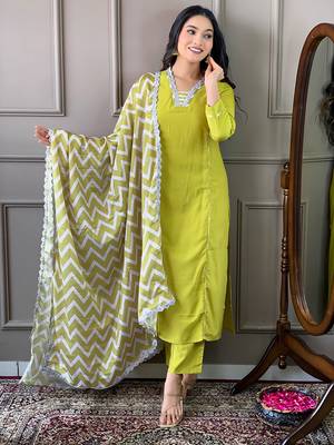 Lemon Women Embroidered Viscose Straight Kurta Pant Dupatta Set 3