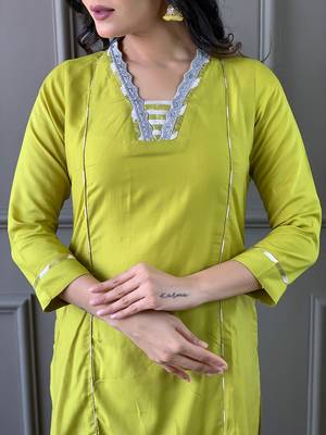 Lemon Women Embroidered Viscose Straight Kurta Pant Dupatta Set 4