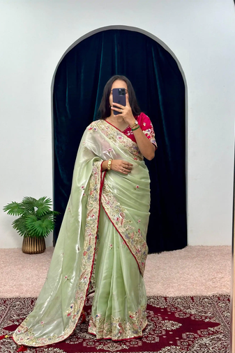 Green zimmy choo silk embroidery work wedding saree with unstitched blouse