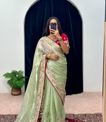 Green zimmy choo silk embroidery work wedding saree with unstitched blouse