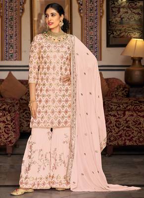 Light peach georgette ebroidered designer sharara suit 1