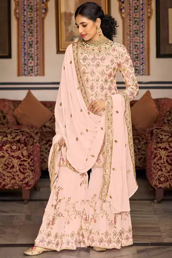 Light peach georgette ebroidered designer sharara suit