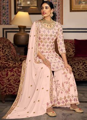 Light peach georgette ebroidered designer sharara suit 3