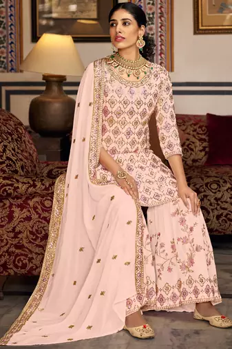 Light peach georgette ebroidered designer sharara suit