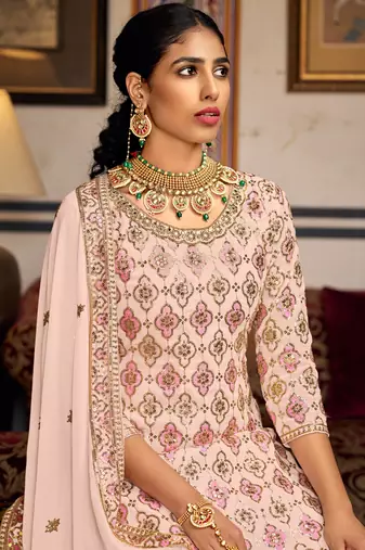 Light peach georgette ebroidered designer sharara suit