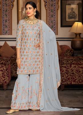 Light grey georgette ebroidered designer sharara suit 1