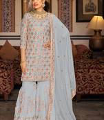 Light grey georgette ebroidered designer sharara suit