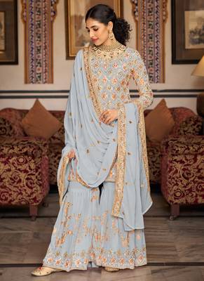 Light grey georgette ebroidered designer sharara suit 2