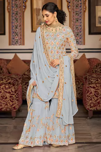 Light grey georgette ebroidered designer sharara suit