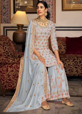 Light grey georgette ebroidered designer sharara suit 3