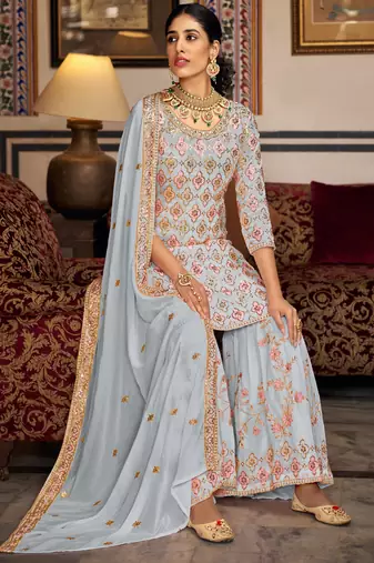 Light grey georgette ebroidered designer sharara suit