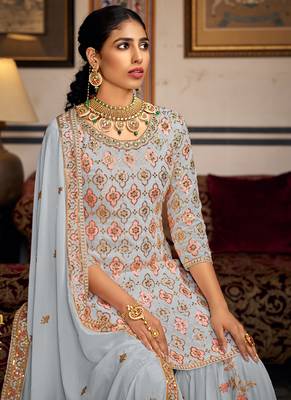 Light grey georgette ebroidered designer sharara suit 4