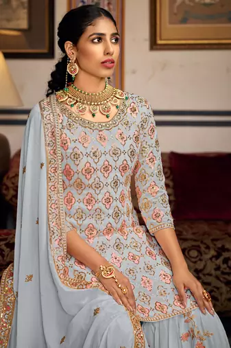 Light grey georgette ebroidered designer sharara suit