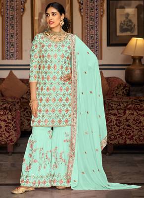 Bottel green georgette ebroidered designer sharara suit 1