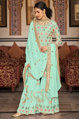 Bottel green georgette ebroidered designer sharara suit