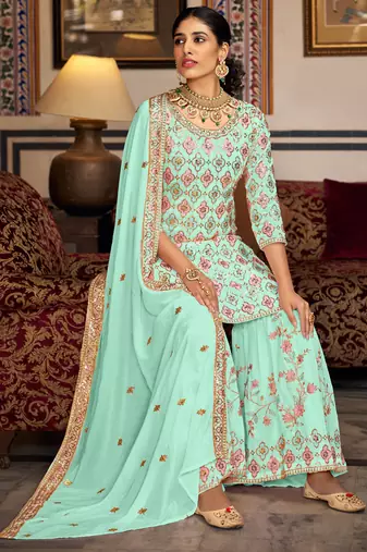 Bottel green georgette ebroidered designer sharara suit
