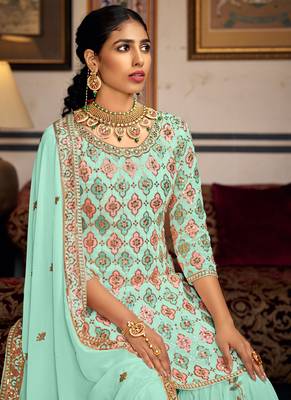Bottel green georgette ebroidered designer sharara suit 4