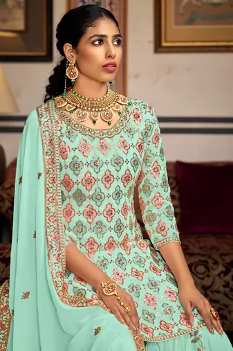 Bottel green georgette ebroidered designer sharara suit
