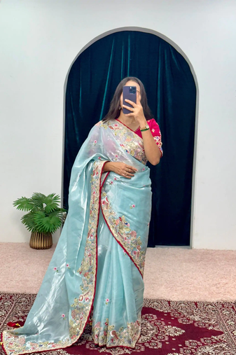 Skyblue zimmy choo silk embroidery work wedding saree with unstitched blouse