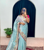 Skyblue zimmy choo silk embroidery work wedding saree with unstitched blouse