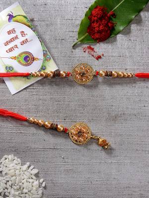 Nvr unisex set of 2 gold-toned stone-studded & beaded bhaiya bhabi rakhi with roli chawal 1