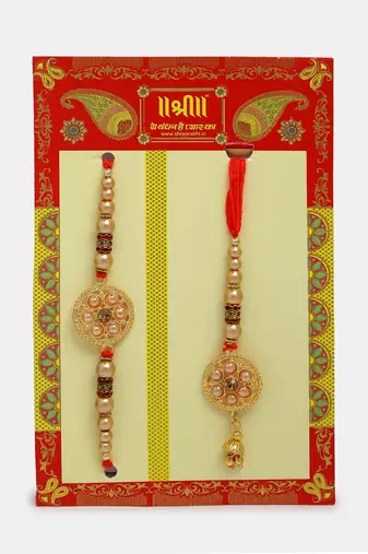 Nvr unisex set of 2 gold-toned stone-studded & beaded bhaiya bhabi rakhi with roli chawal