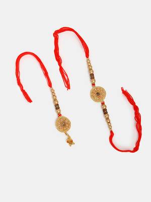Nvr unisex set of 2 gold-toned stone-studded & beaded bhaiya bhabi rakhi with roli chawal 4