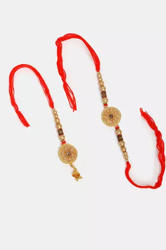 Nvr unisex set of 2 gold-toned stone-studded & beaded bhaiya bhabi rakhi with roli chawal