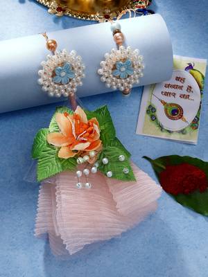  unisex set of 2 peach floral design pearl beaded bhaiya bhabi rakhi with roli chawal 1