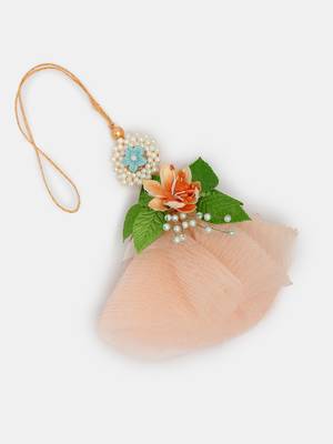  unisex set of 2 peach floral design pearl beaded bhaiya bhabi rakhi with roli chawal 2
